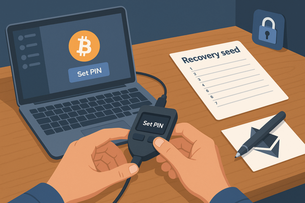 a user setting up a Trezor or cold wallet securely