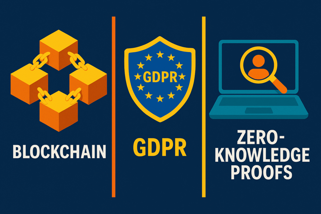 3D-style digital illustration showing the relationship between Blockchain, GDPR, and Zero-Knowledge Proofs. On the left, golden cubes connected with chains represent blockchain. In the center, a blue and gold shield with stars and the word “GDPR” symbolizes data protection. On the right, a teal laptop with a magnifying glass over a user icon represents zero-knowledge proofs. The design uses bold, vivid colors and a dark blue background in a horizontally stretched 600x400 layout.