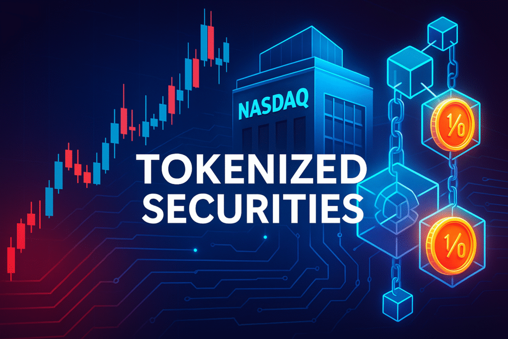 3D digital illustration showing a futuristic Nasdaq building merging into a blockchain network of glowing cubes and chains. Stock candlestick charts rise on the left, while luminous blockchain tokens with fractional ownership symbols shine on the right. The headline “Tokenized Securities” is placed clearly in the center. Color scheme: electric blue, metallic silver, and bold red, in a 600x400 landscape blog header format.