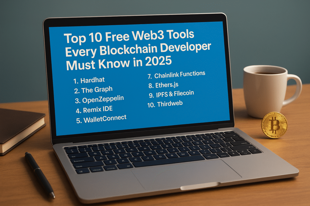 3D-rendered digital image of a laptop on a wooden desk displaying a blog titled "Top 10 Free Web3 Tools Every Blockchain Developer Must Know in 2025", with a coffee mug, notebook, pen, and a gold Bitcoin coin beside it.
