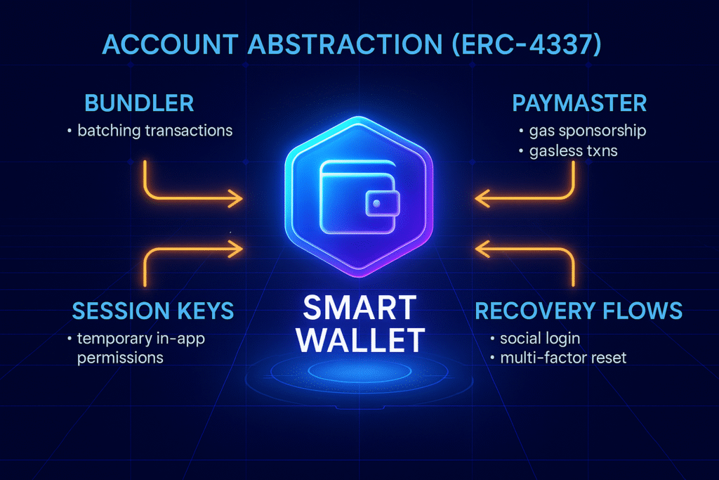Futuristic landscape infographic of ERC-4337 Account Abstraction transaction flow. A glowing neon smart wallet icon is centered, with arrows pointing to four components: Bundler (batching transactions), Paymaster (gas sponsorship, gasless transactions), Session Keys (temporary in-app permissions), and Recovery Flows (social login, multi-factor reset). Designed with bold blue, purple, and orange neon colors on a digital grid background.