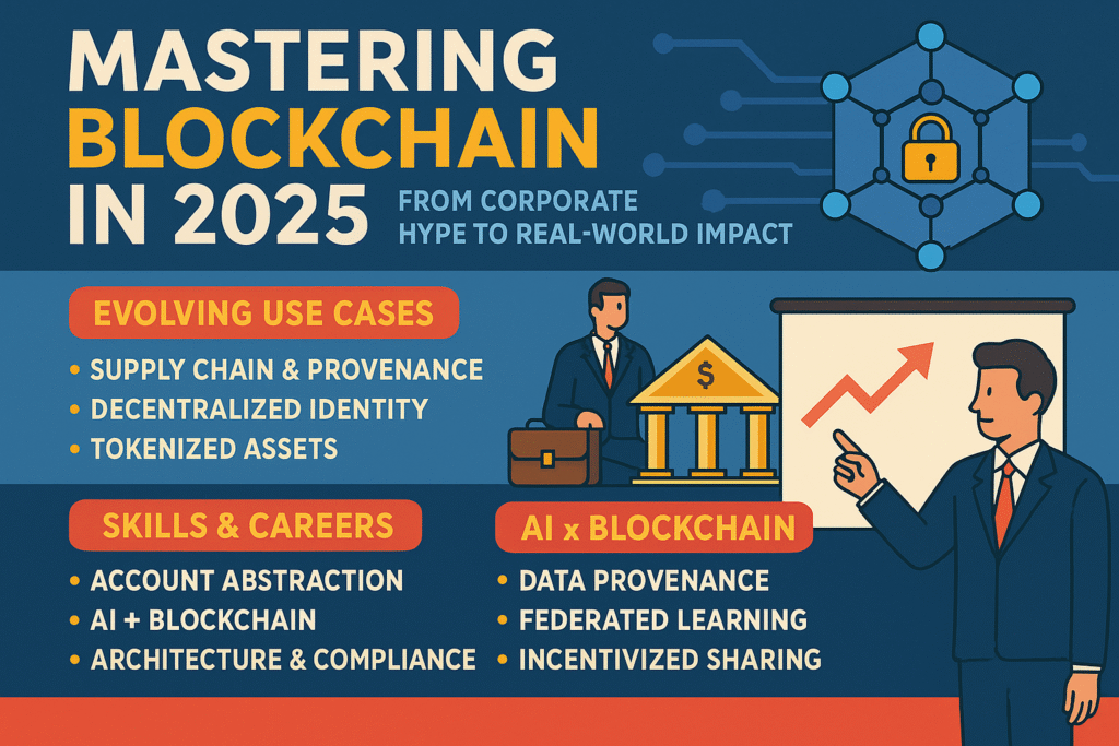 Mastering Blockchain in 2025: From Corporate Hype to Real-World Impact 3D digital infographic showing the evolution of blockchain in India, featuring icons for AI, smart wallets, data security, and supply chains. A futuristic business cityscape merges with glowing blockchain grids and neural AI patterns, symbolizing “Mastering Blockchain in 2025.” The scene uses vivid blues and golds to convey innovation, decentralization, and optimism in technology.